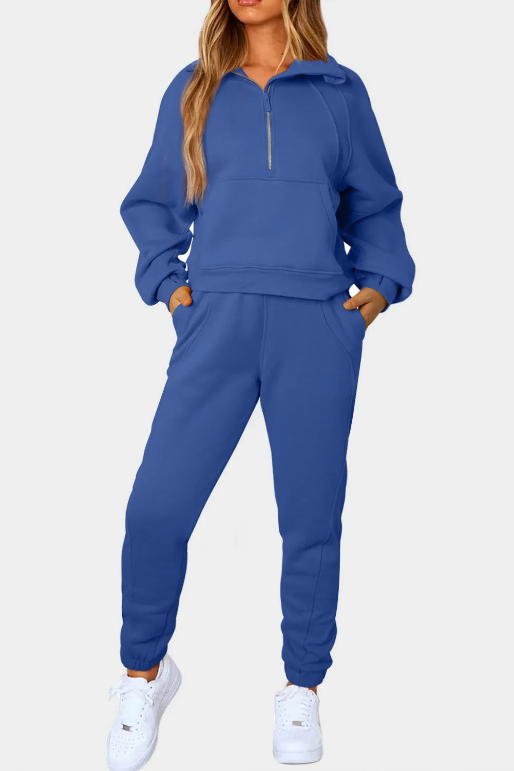 Women's Solid Color Half Zip Sweatshirt and Sweatpants Sports Set