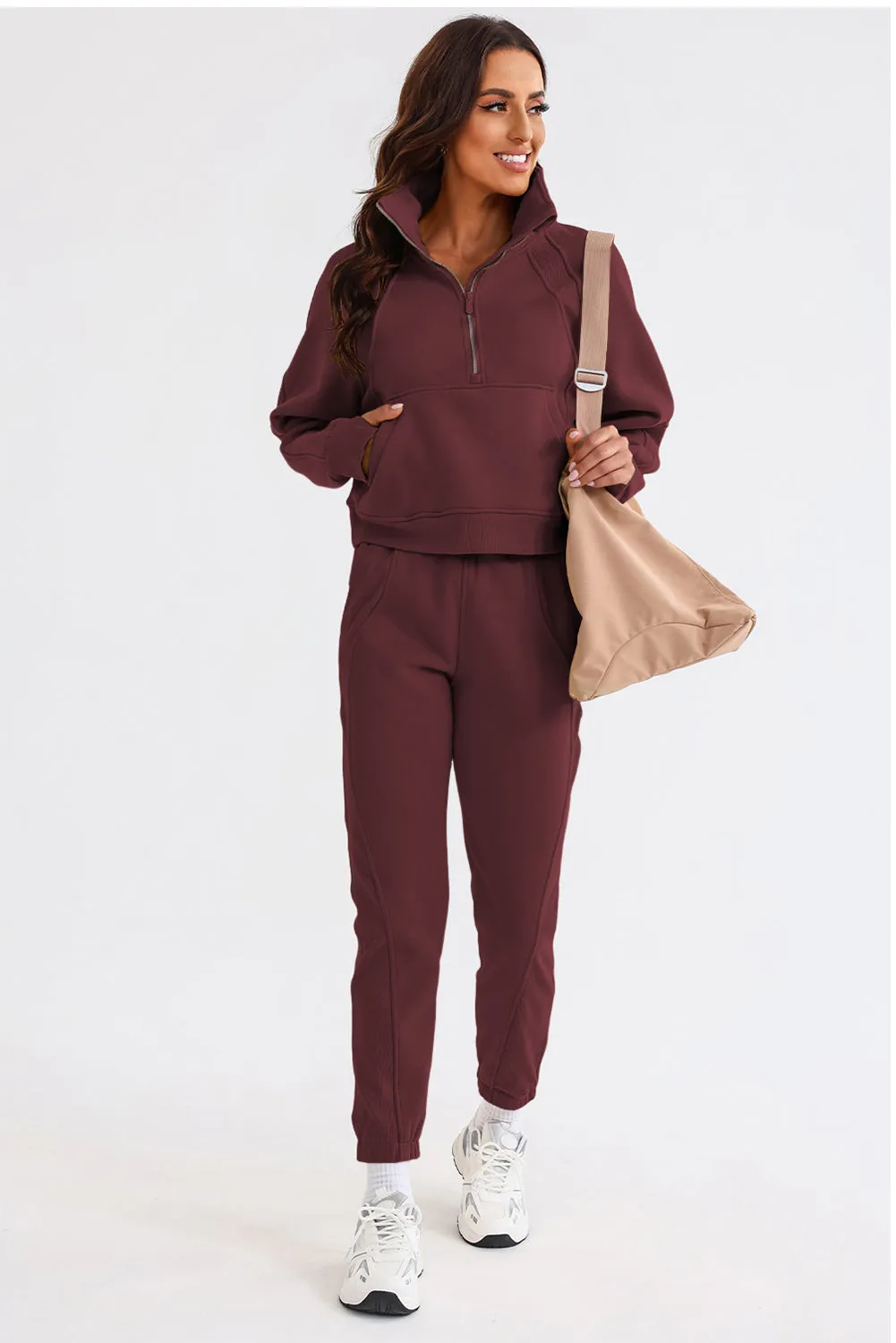 Women's Solid Color Half Zip Sweatshirt and Sweatpants Sports Set