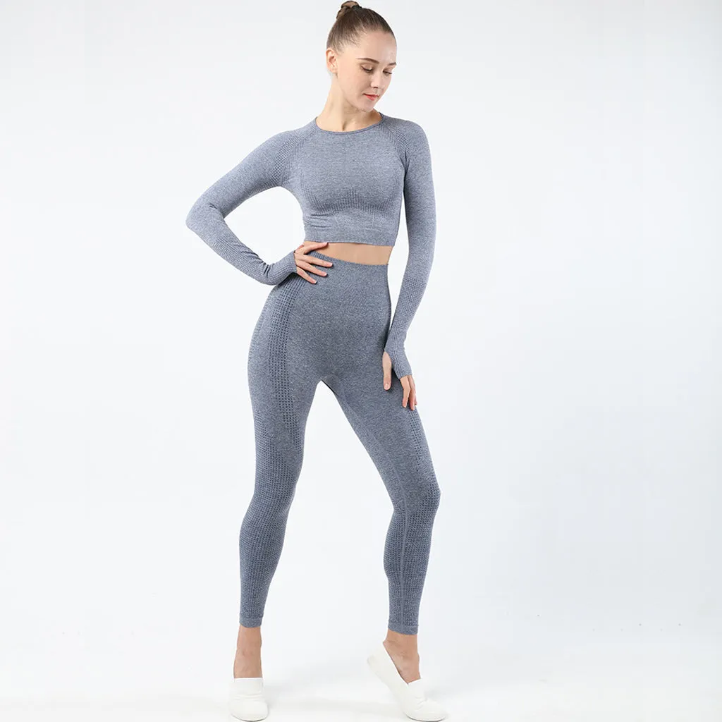 Women's Sportwear Workout Sets  two Piece Outfits Seamless High Waist Yoga Leggings Long Sleeve  rousers Gym Clothes