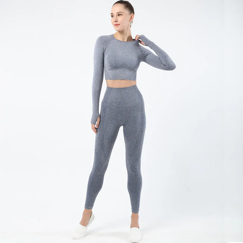 Women's Sportwear Workout Sets  two Piece Outfits Seamless High Waist Yoga Leggings Long Sleeve  rousers Gym Clothes