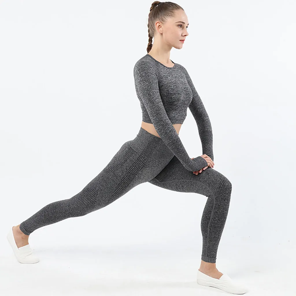 Women's Sportwear Workout Sets  two Piece Outfits Seamless High Waist Yoga Leggings Long Sleeve  rousers Gym Clothes