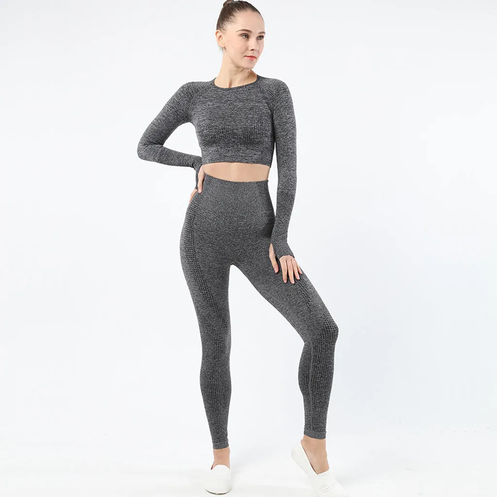 Women's Sportwear Workout Sets  two Piece Outfits Seamless High Waist Yoga Leggings Long Sleeve  rousers Gym Clothes