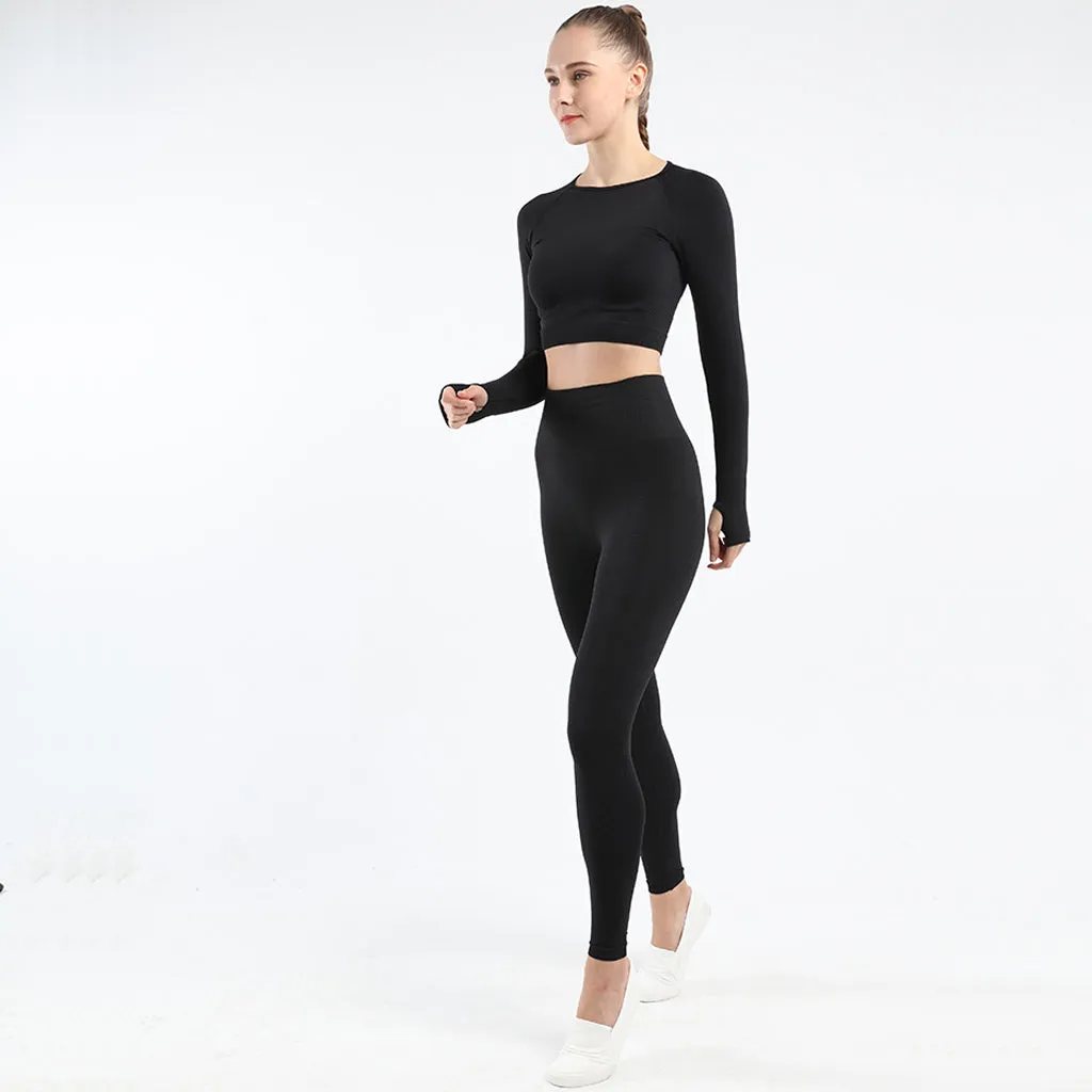 Women's Sportwear Workout Sets  two Piece Outfits Seamless High Waist Yoga Leggings Long Sleeve  rousers Gym Clothes