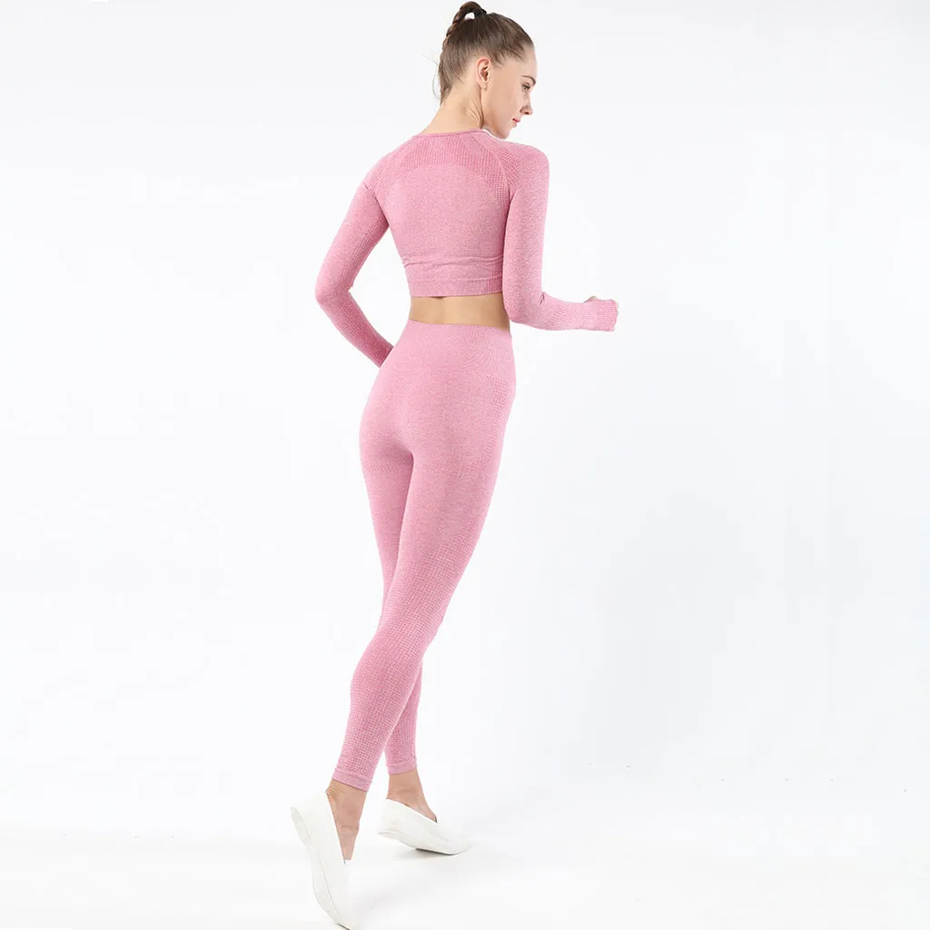 Women's Sportwear Workout Sets  two Piece Outfits Seamless High Waist Yoga Leggings Long Sleeve  rousers Gym Clothes