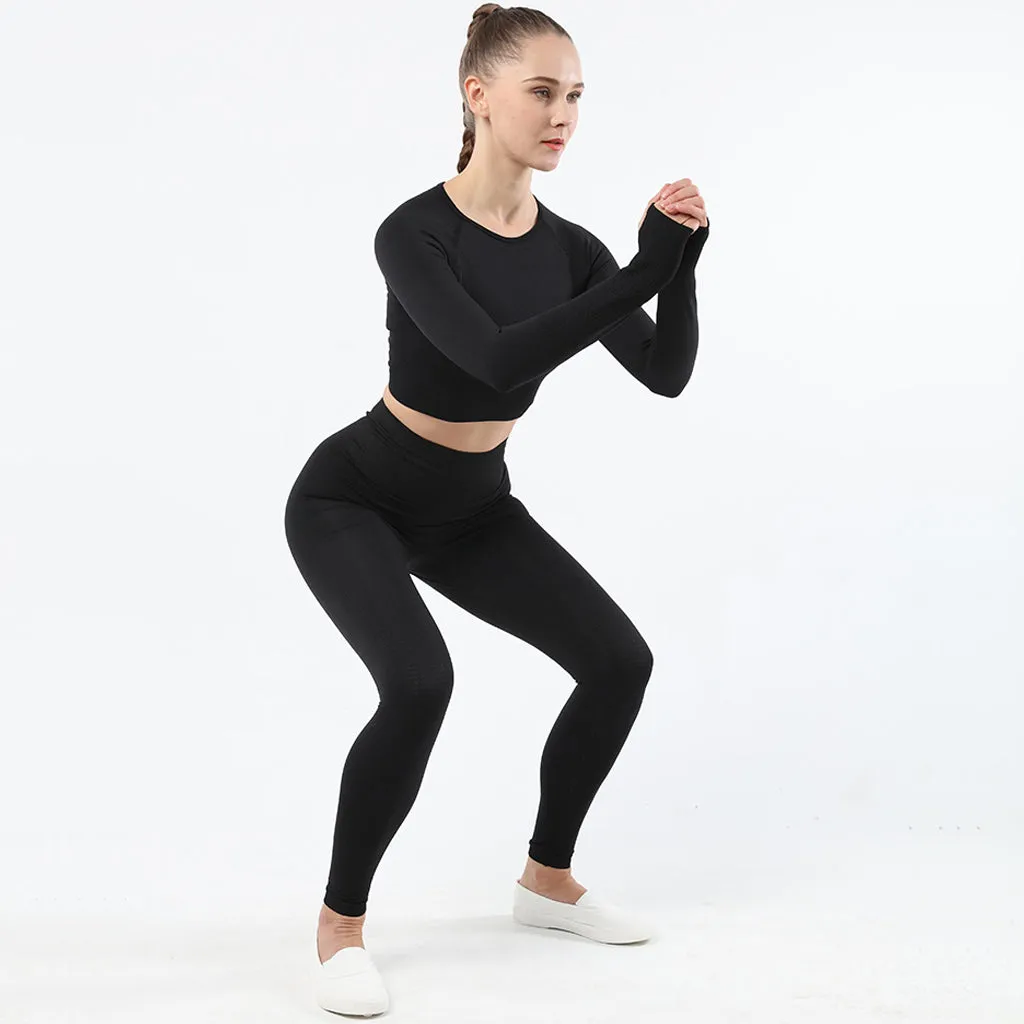 Women's Sportwear Workout Sets  two Piece Outfits Seamless High Waist Yoga Leggings Long Sleeve  rousers Gym Clothes